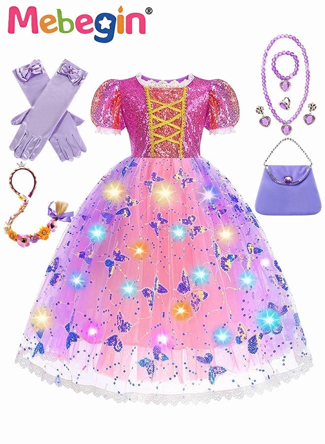 MEBEGIN Deluxe Princess Costume Set with 7PCS Accessaries, Fancy Elegant Frock, Light-up Fairy Dress with Butterfly Pattern, Suitable for Party, Birthday, Funfair, Stage Performance, Cosplay and Any Other Special Occasions - Image 1